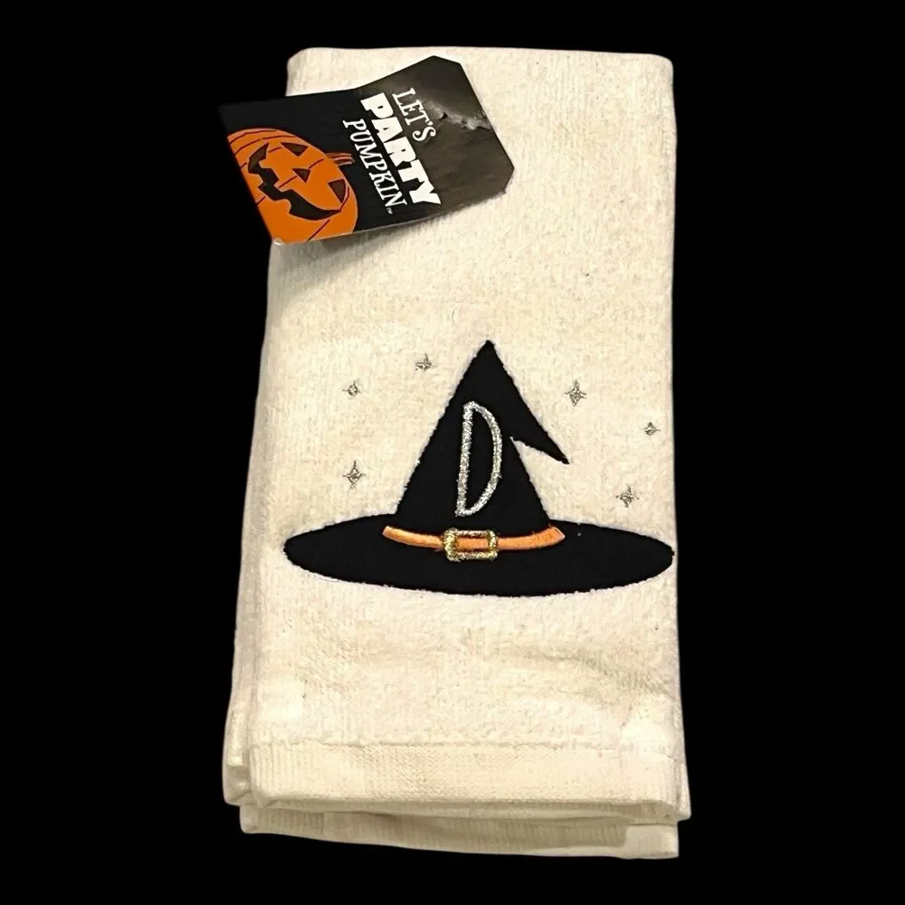 Let’s Party Pumpkin Set Of 2 Halloween Fingertip Towels Witch Hat Design 12”x18”